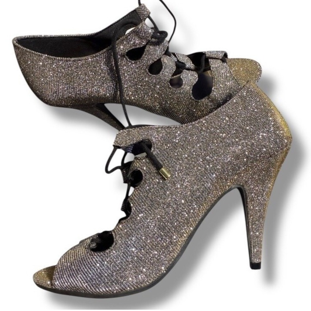Fioni Night Sparkly Heels Lace Up Open Toe Party Shoes Size 6.5